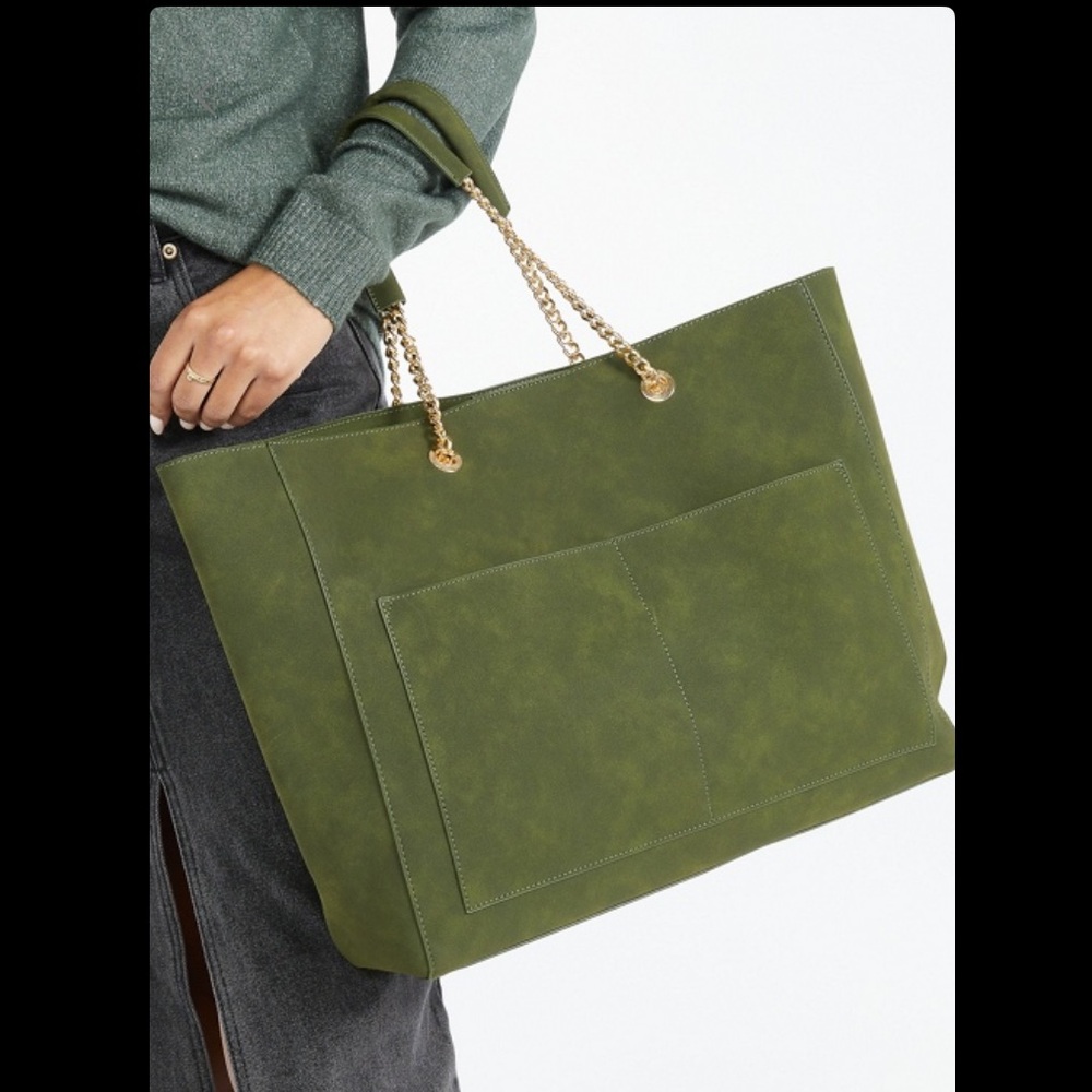 Just Fab Faux Suede Olive Green Tote with Gold Chain Handles NEW
